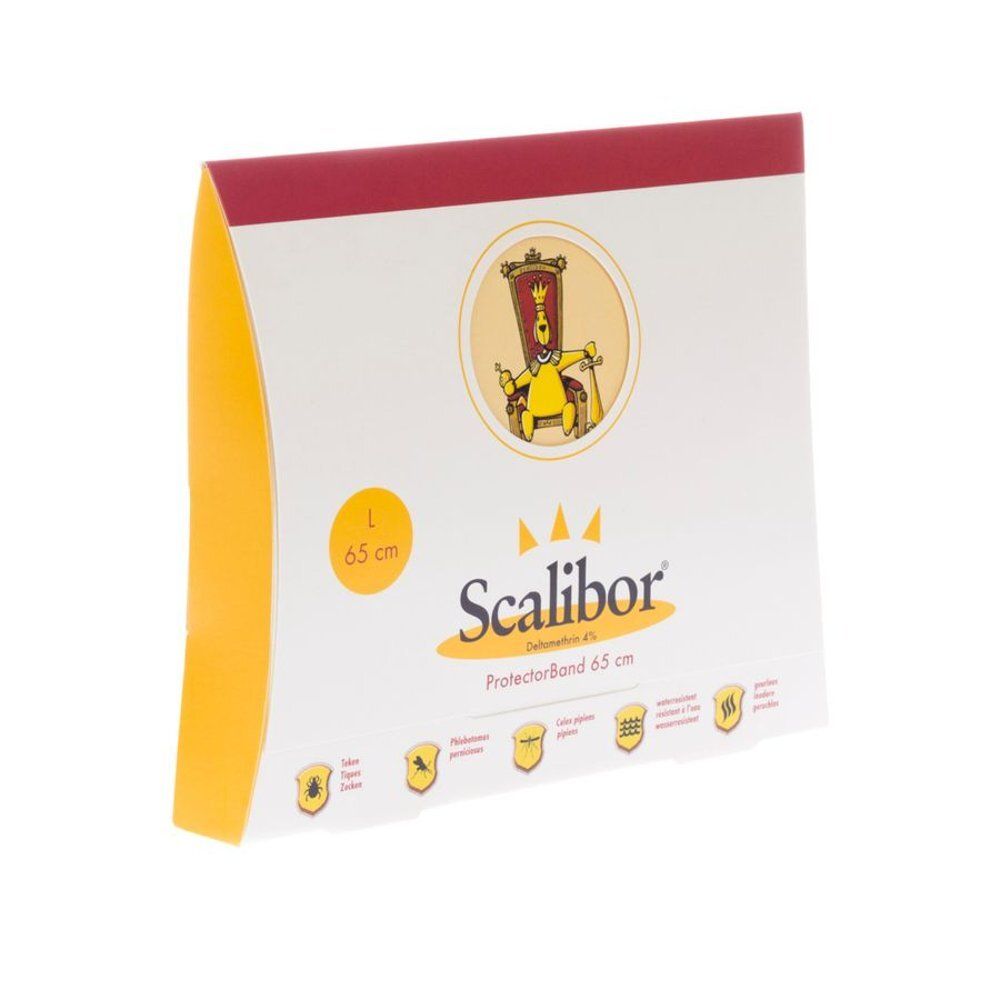 Emballage blanc, accents jaunes et rouges. Texte: Scalibor ProtectorBand 65 cm. Taille L.