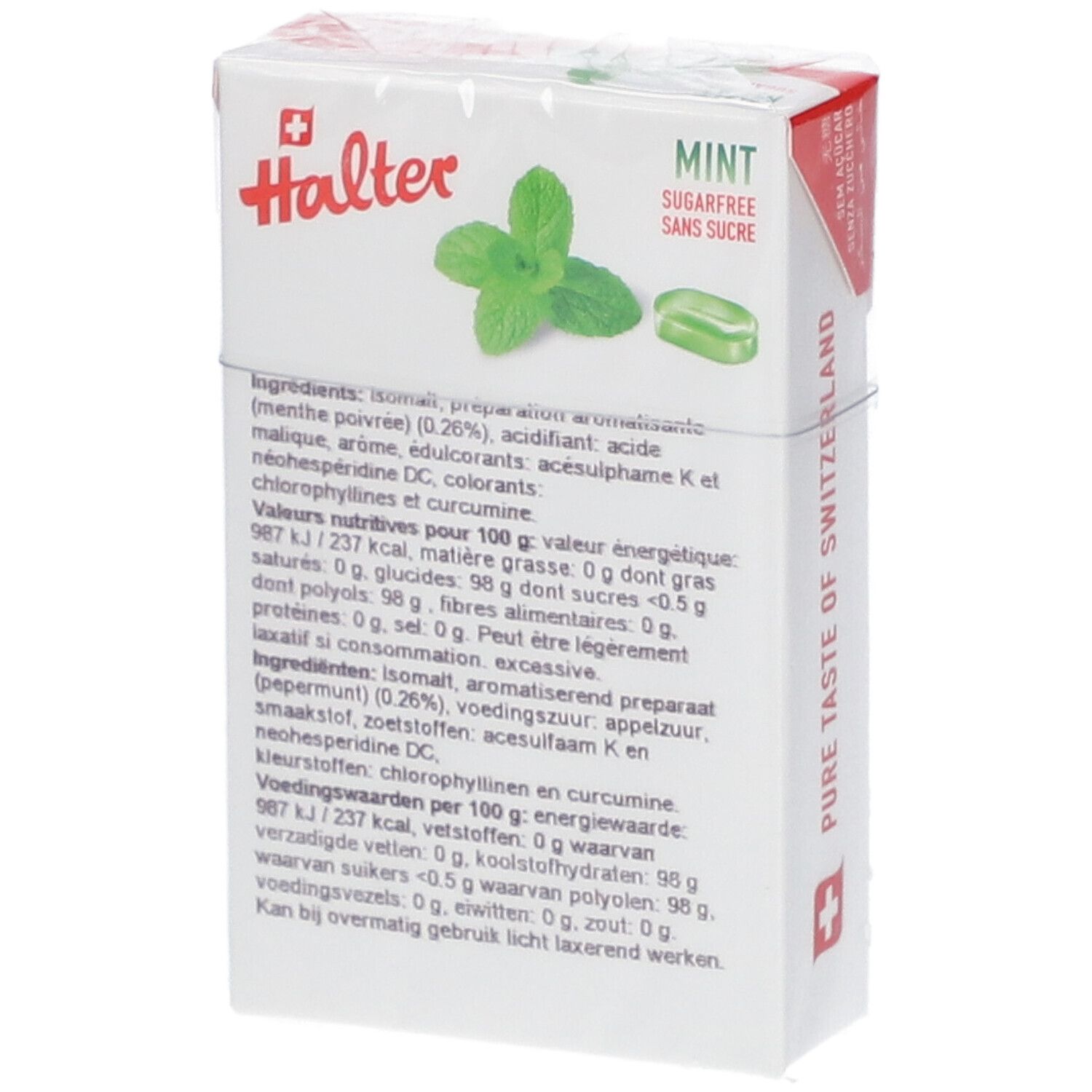 Emballage de bonbons Halter Mint. Dos avec liste d'ingrédients et informations nutritionnelles. Illustration de menthe et un bonbon.