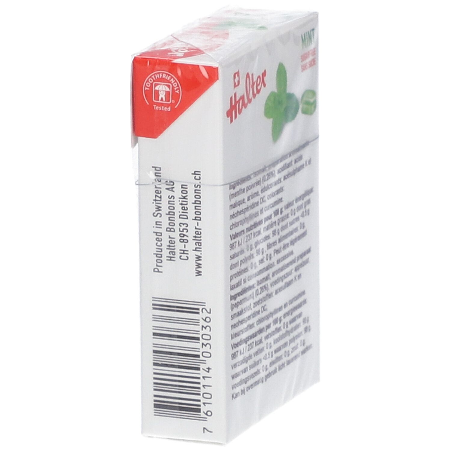 Emballage de bonbons Halter Mint. Vue latérale avec texte et code-barres. Logo : Tooth Friendly. Fabriqué en Suisse.