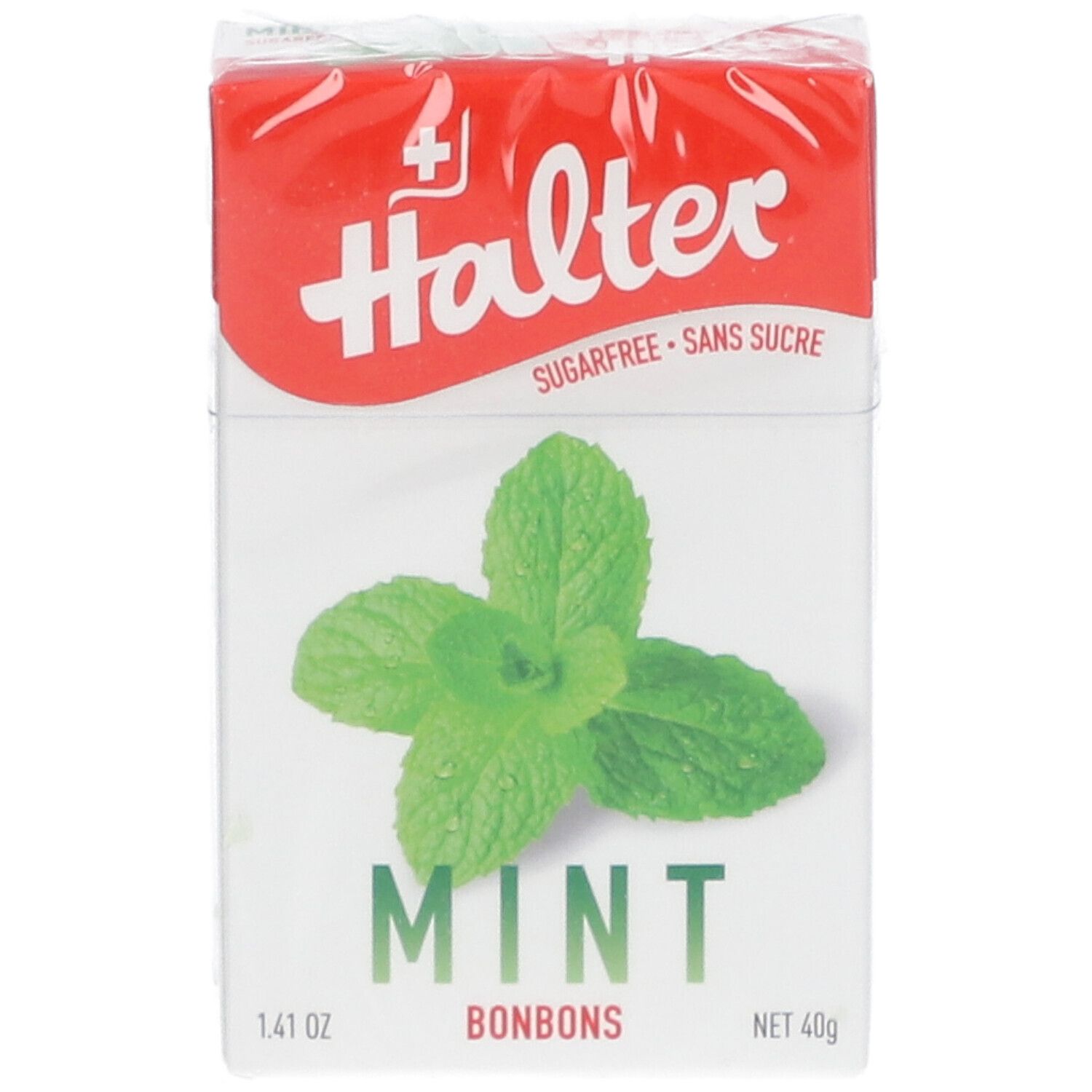 Boîte de bonbons Halter Mint. Emballage rouge et blanc avec illustration de feuilles de menthe. Inscription : Sans sucre. Net 40g.