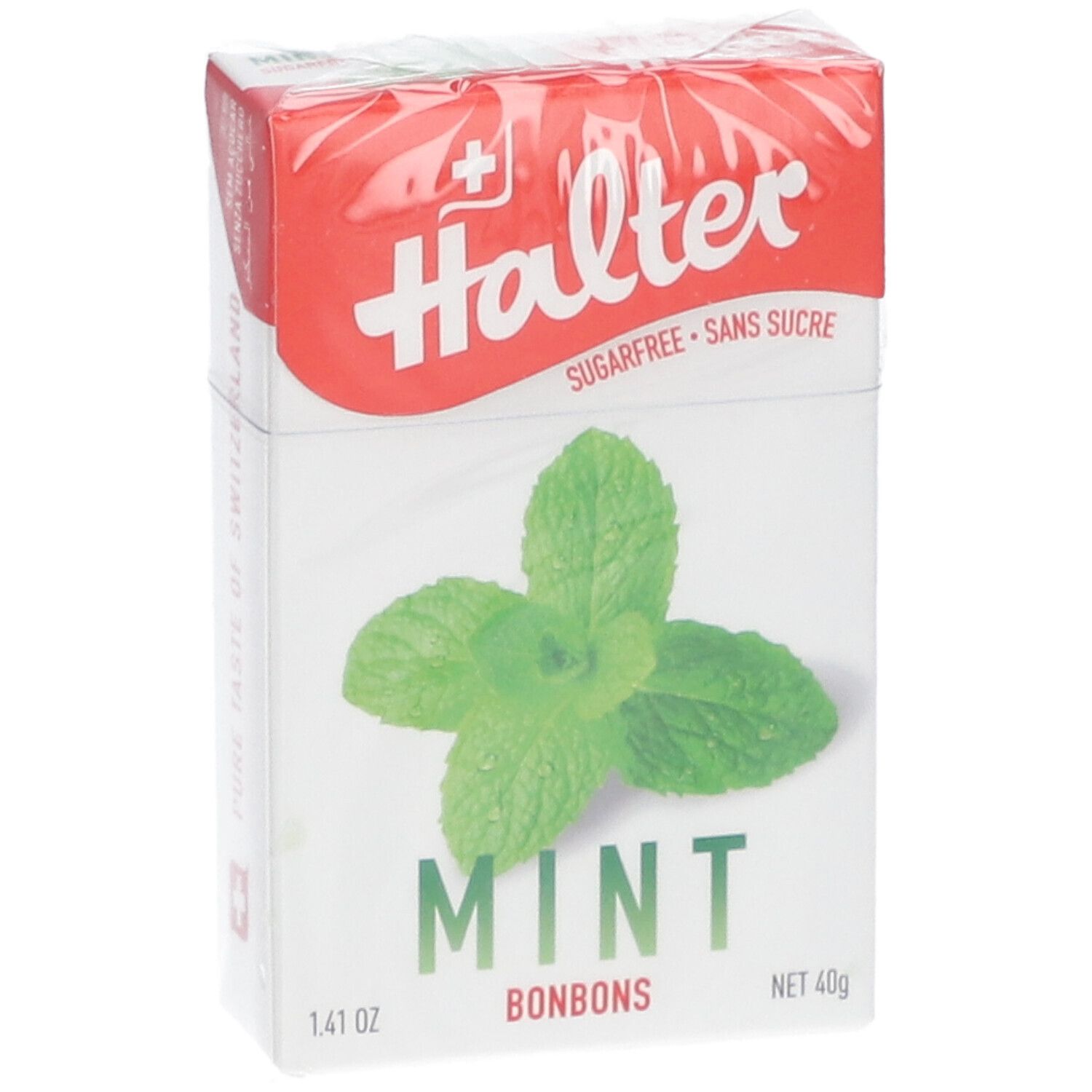 Boîte de bonbons Halter Mint. Emballage rouge et blanc avec illustration de feuilles de menthe. Inscription : Sans sucre. Net 40g.