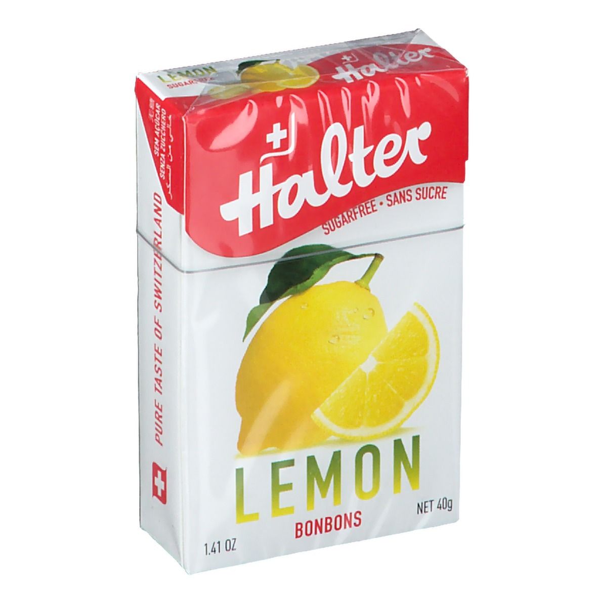 Boîte de bonbons Halter Lemon. Emballage blanc et rouge avec image de citron et texte.