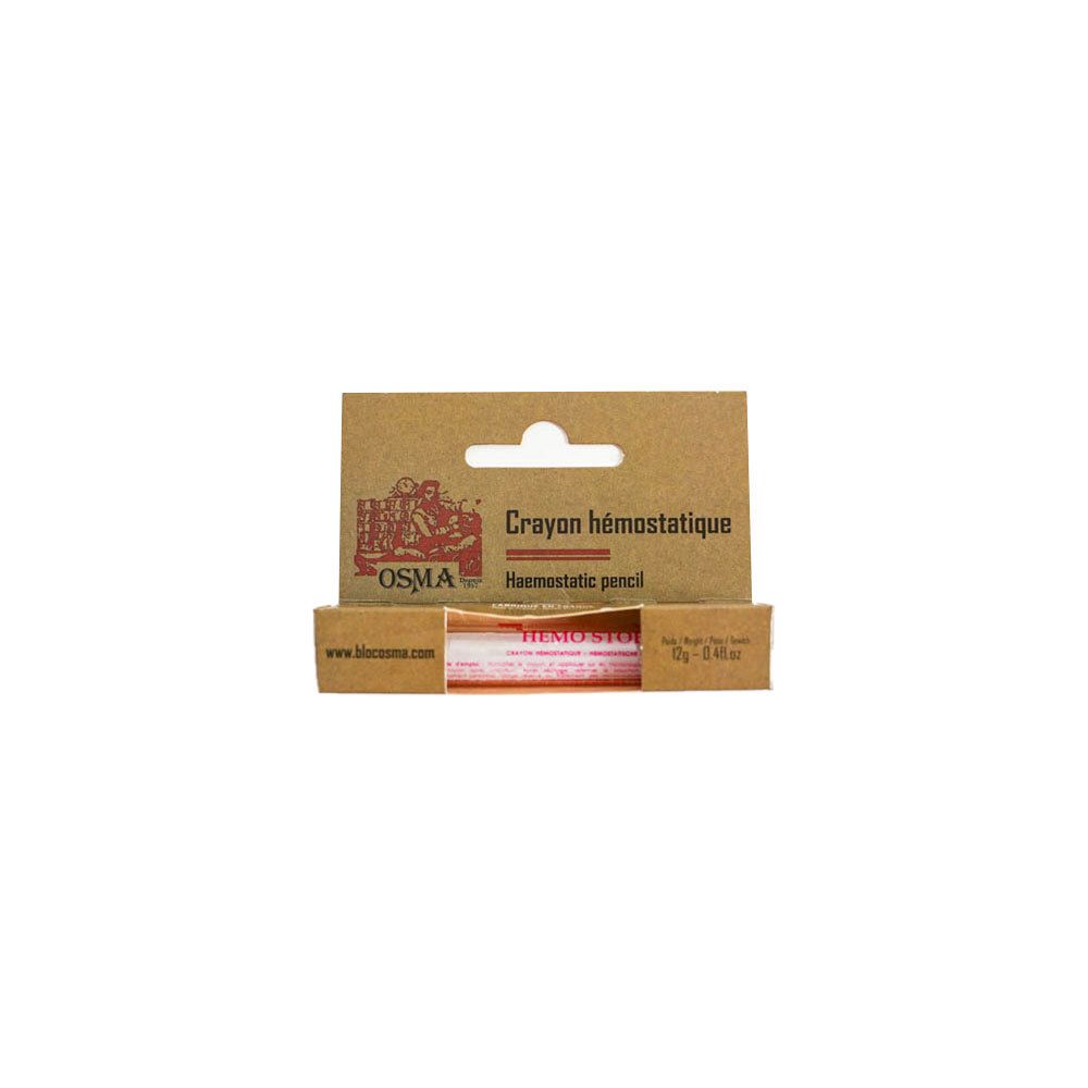 Open verpakking met hemostatisch potlood. Opschrift: OSMA, Crayon hémostatique. Bruine verpakking.