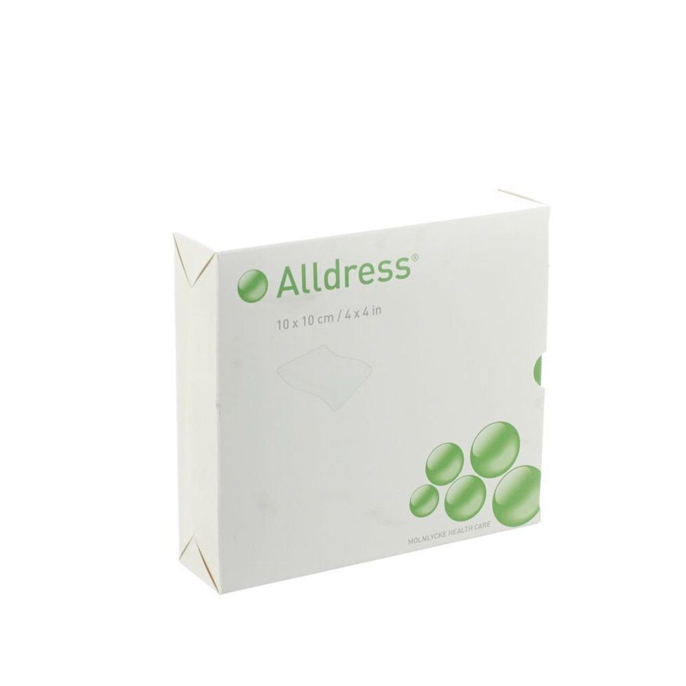 Boîte de pansements Alldress 10 x 10 cm. Emballage blanc avec logo vert et informations produit. Pansement stérile.