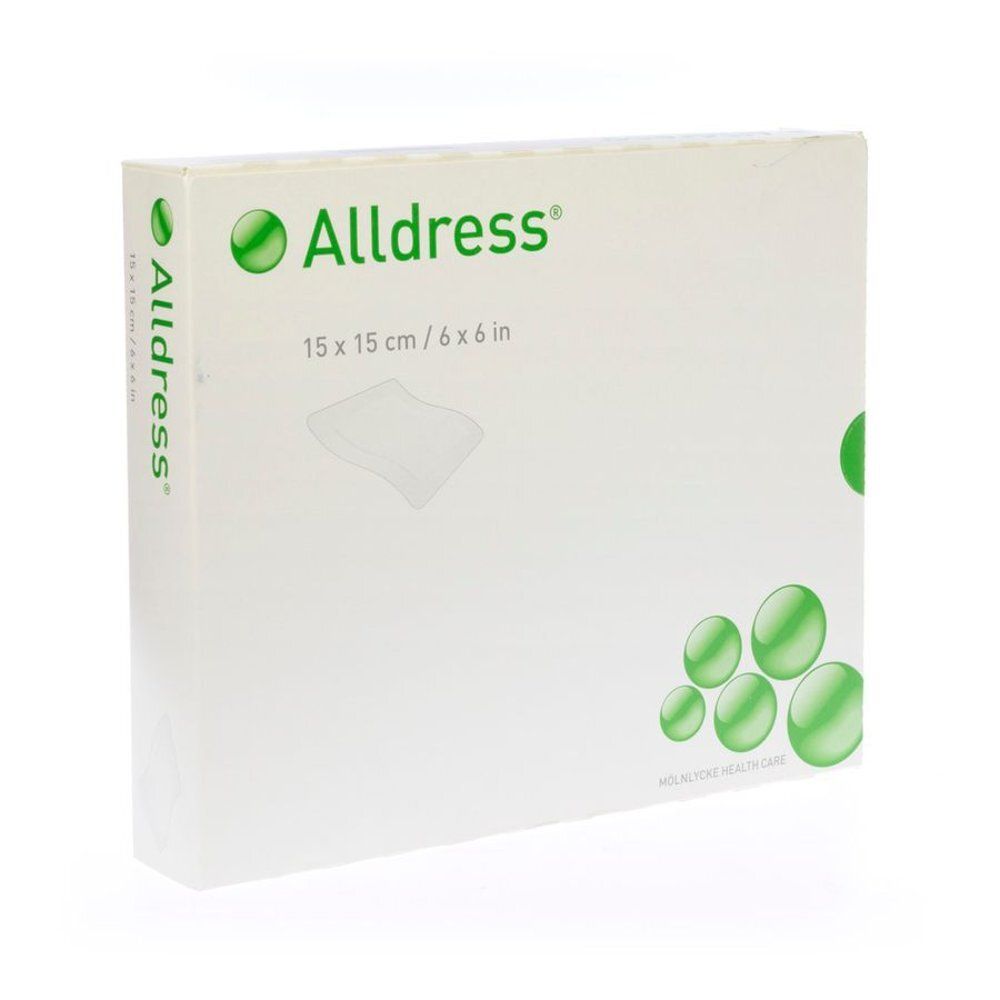 Verpakking van Alldress Bandage Sterile. Witte doos met groen logo en productinformatie. Afmeting: 15 x 15 cm.