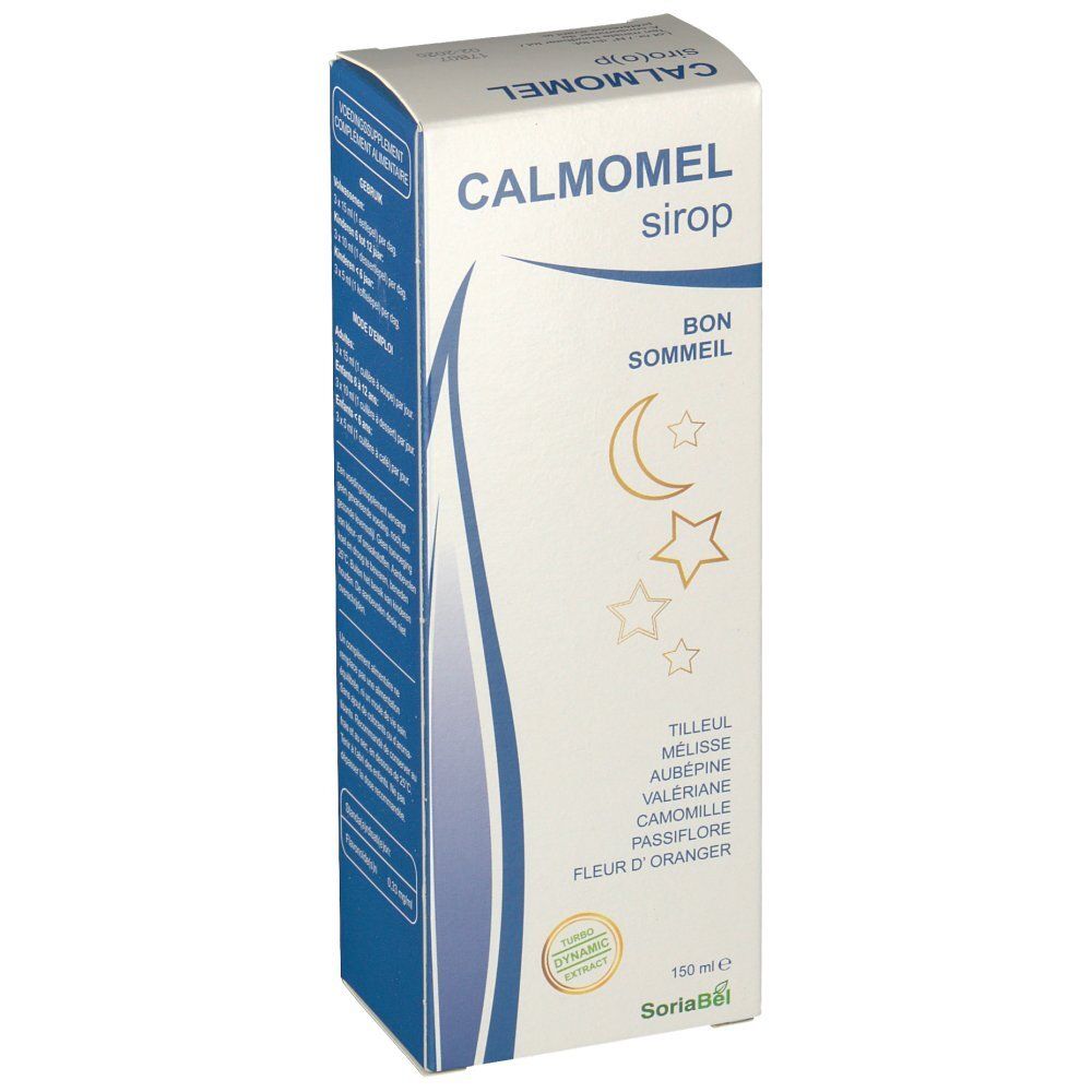 Boîte de sirop CALMOMEL. Inscription "Bon Sommeil" avec lune et étoiles. Liste des ingrédients et logo SoriaBel. Contenance 150 ml.