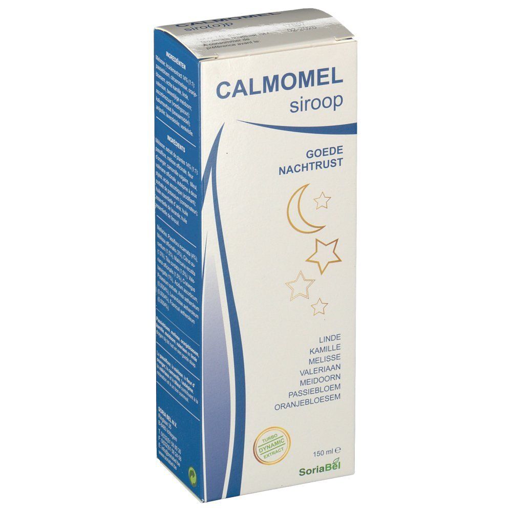 Boîte de sirop CALMOMEL. Inscription "Goede Nachtrust" avec lune et étoiles. Logo SoriaBel. Contenance 150 ml.