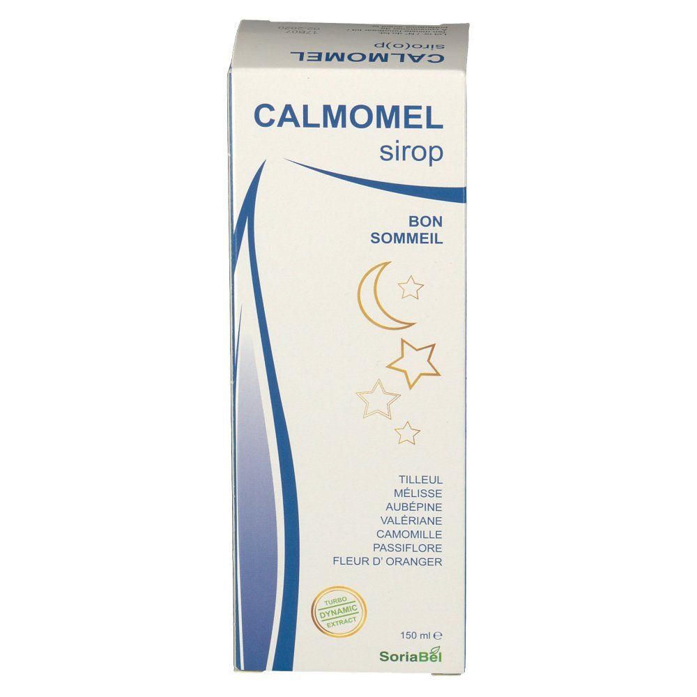 Boîte de sirop CALMOMEL. Inscription "Bon Sommeil" avec lune et étoiles. Logo SoriaBel. Contenance 150 ml.