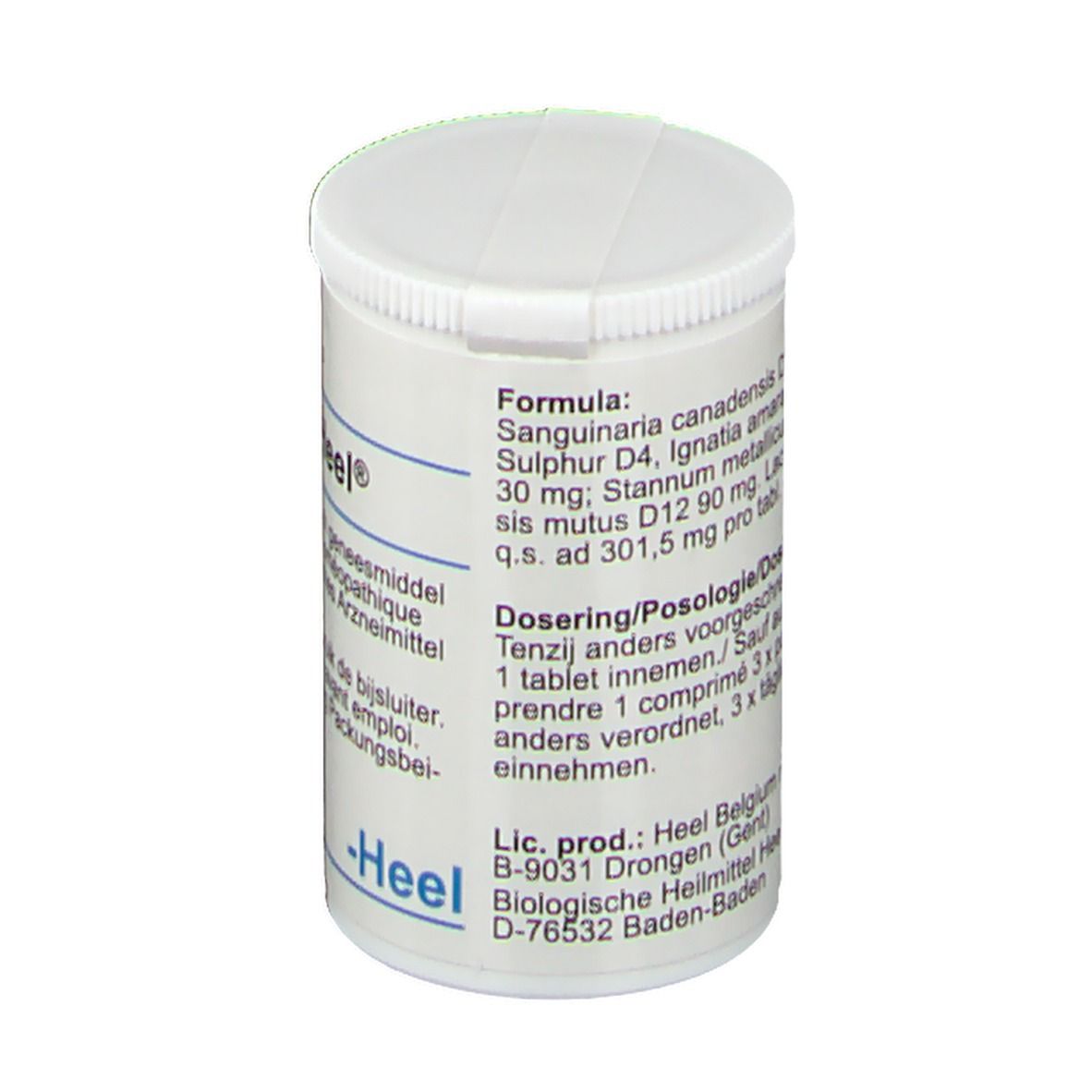 Boîte blanche de comprimés avec couvercle. Inscription : Formule, Posologie, logo Heel, adresse du fabricant.