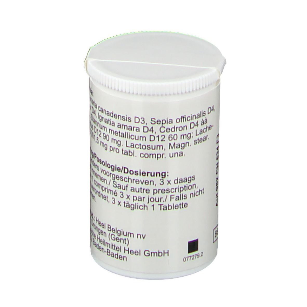 Boîte blanche de comprimés avec couvercle. Inscription : Ingrédients, Posologie, adresse fabricant, QR code.