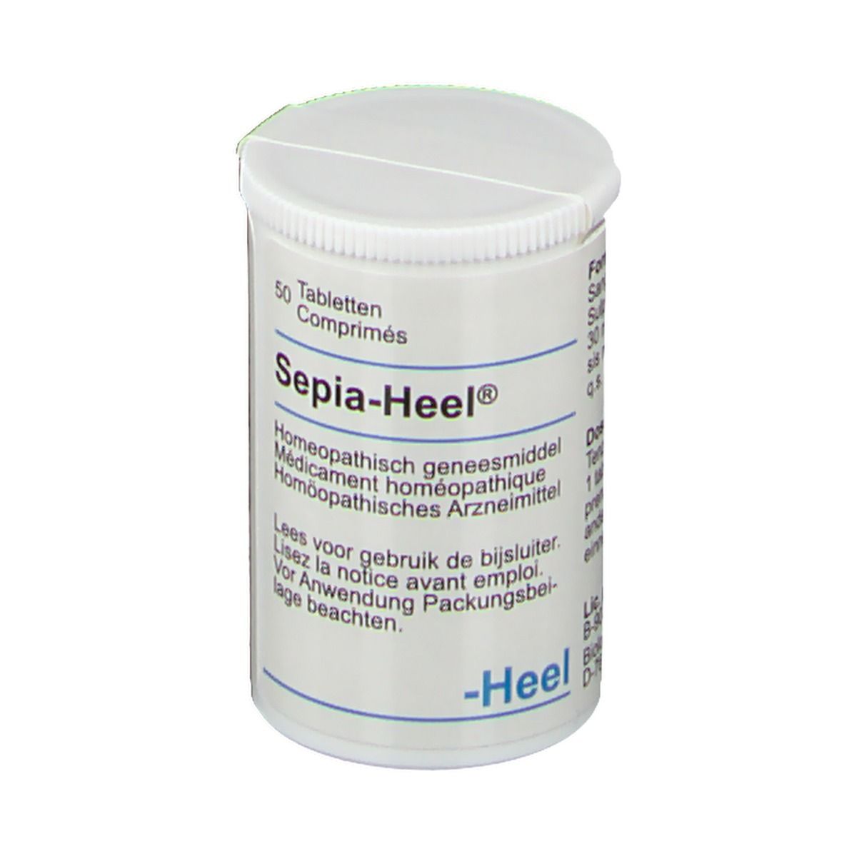 Boîte blanche de comprimés avec couvercle. Inscription : Sepia-Heel, 50 comprimés, logo Heel.