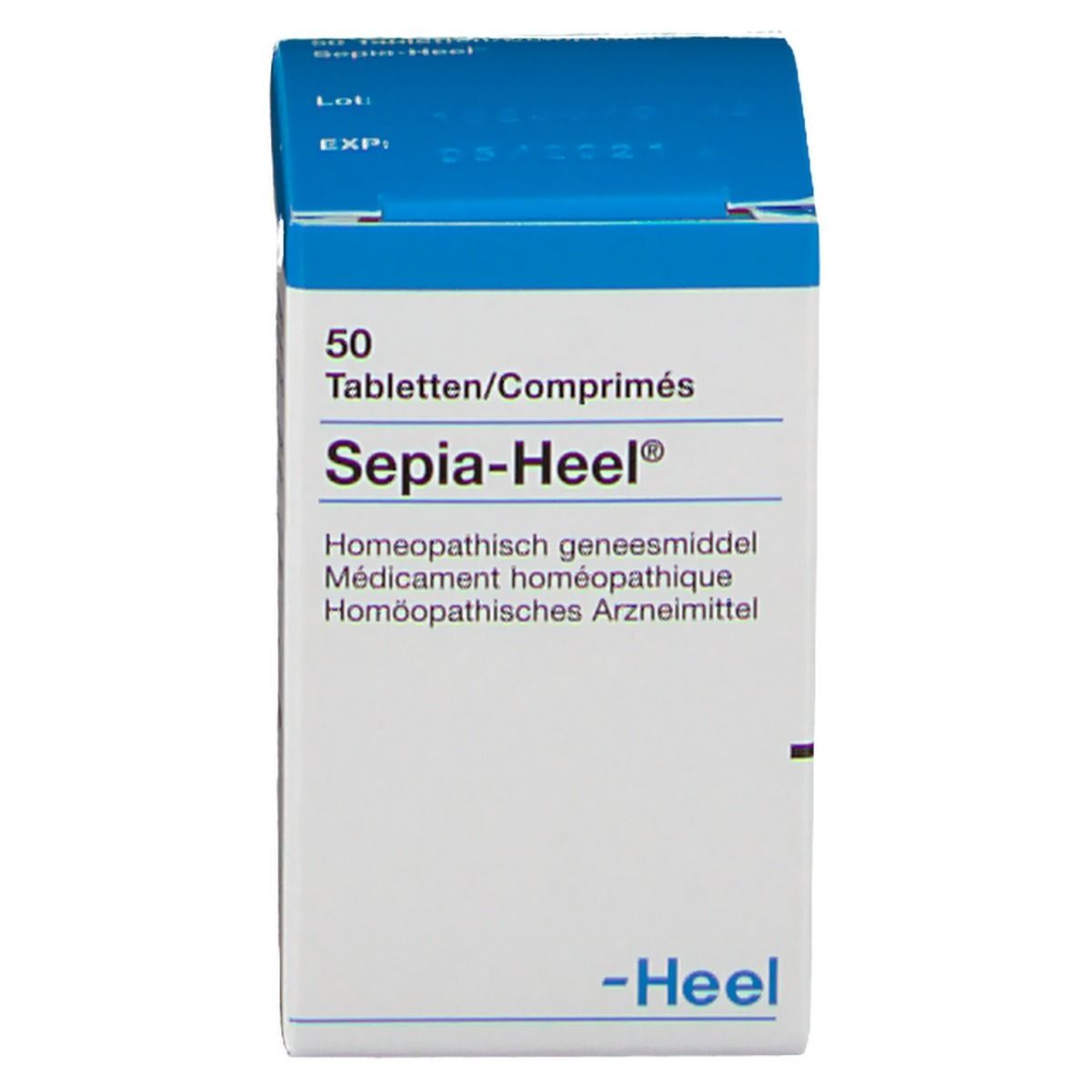 Boîte bleue avec inscription : Sepia-Heel, 50 comprimés, logo Heel. Couvercle ouvert.