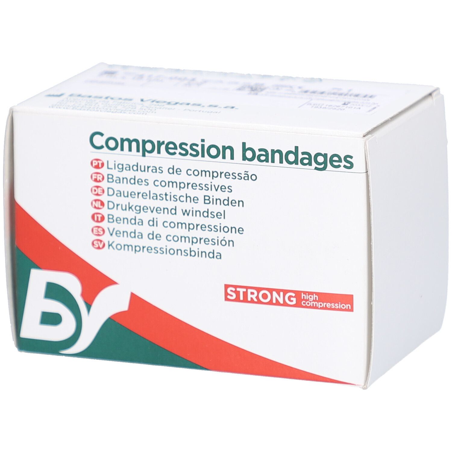 Boîte blanche 'Compression bandages'. Logo 'BS' et bande rouge. Texte 'STRONG high compression'.