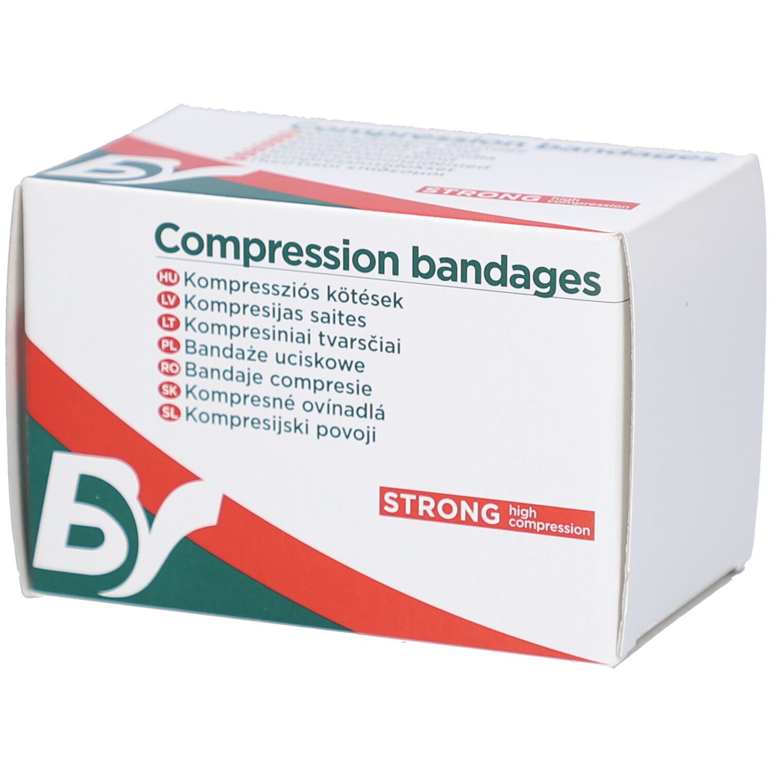 Boîte blanche 'Compression bandages'. Logo 'BS' et bande rouge. Texte 'STRONG high compression'.