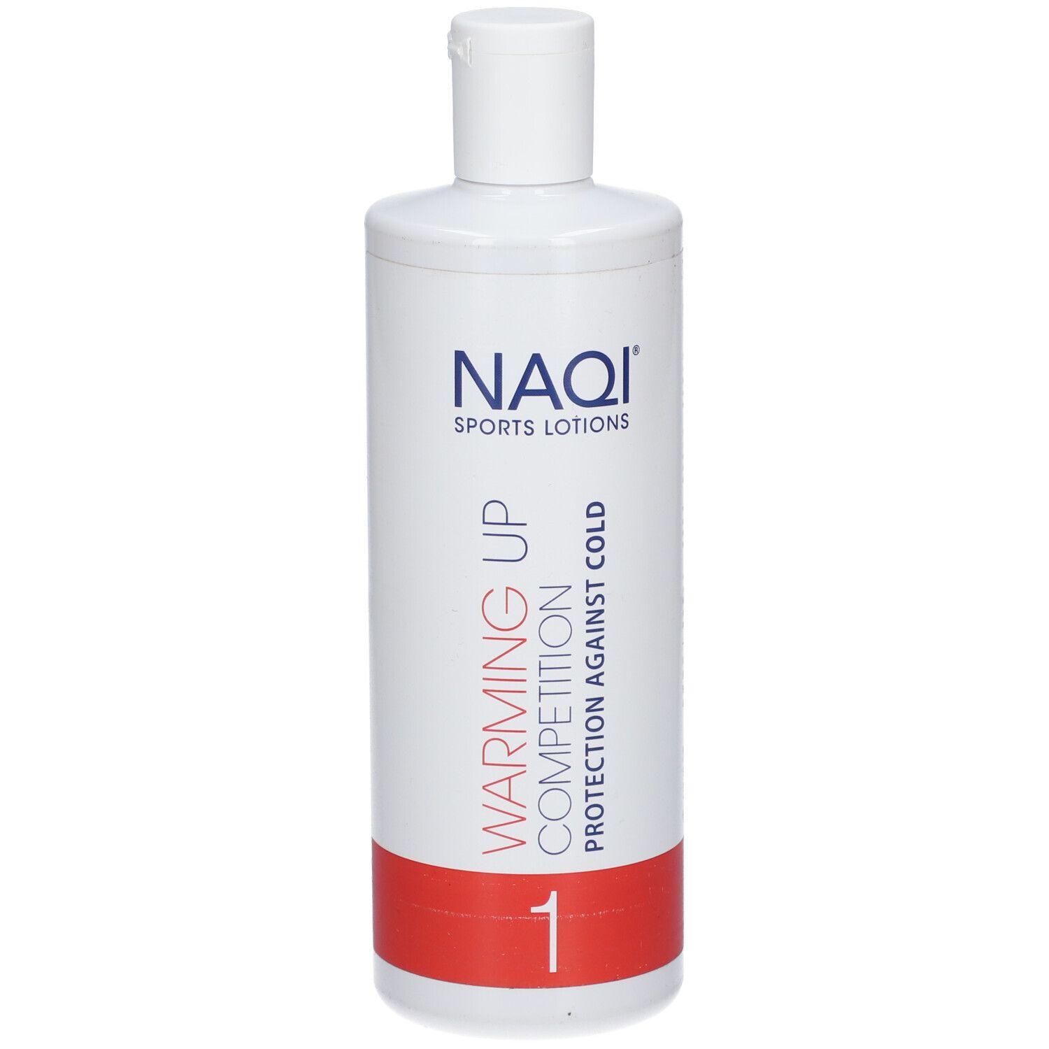 Witte fles NAQI Sports Lotions Warming Up Competition 1. Rode streep onderaan. Witte dop.