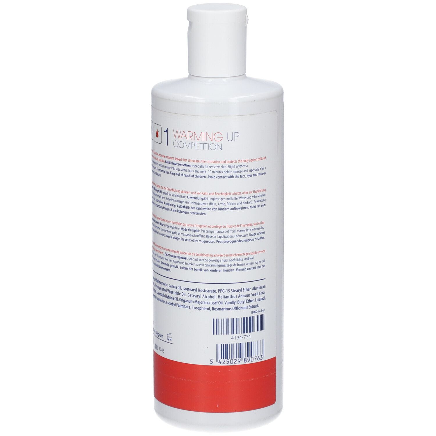 Achterkant van de witte fles NAQI Sports Lotions Warming Up Competition 1. Tekst en barcode. Rode streep onderaan.