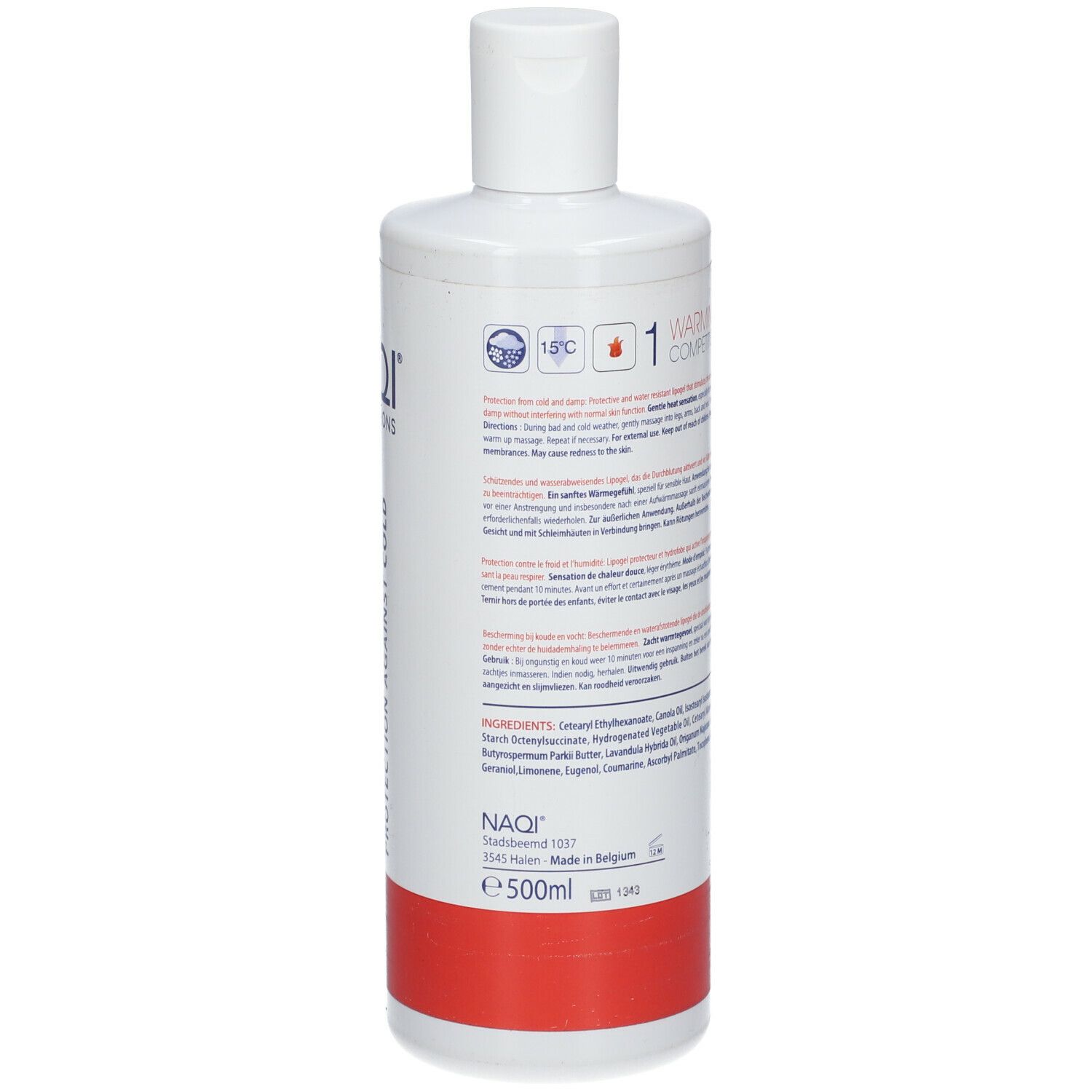Achterkant van de witte fles NAQI Sports Lotions Warming Up Competition 1. Tekst, E500ml. Rode streep onderaan.