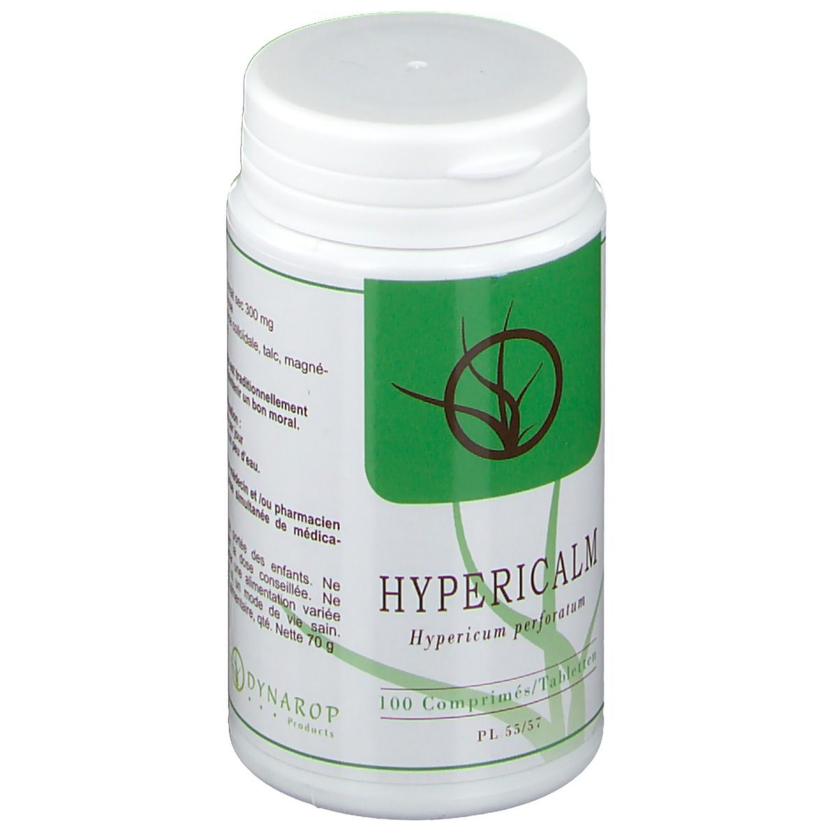 Flacon de comprimés blanc avec étiquette verte. Inscription: Hypericalm, 100 comprimés. Logo: branches brunes dans un cercle.