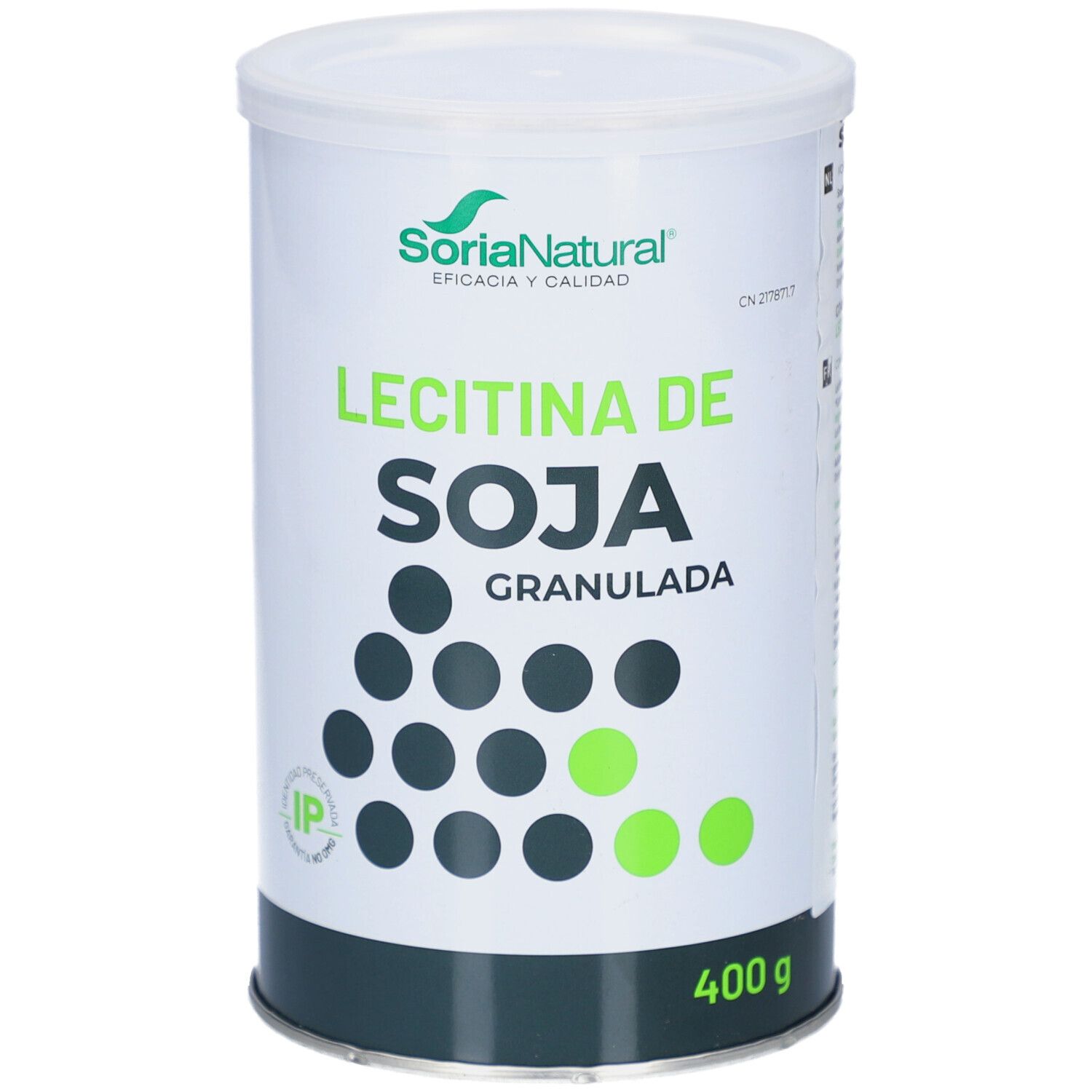 Wit, cilindrisch blik met deksel. Opschrift: "Lecitina de Soja Granulada". Merk: SoriaNatural. Gewicht: 400 g.