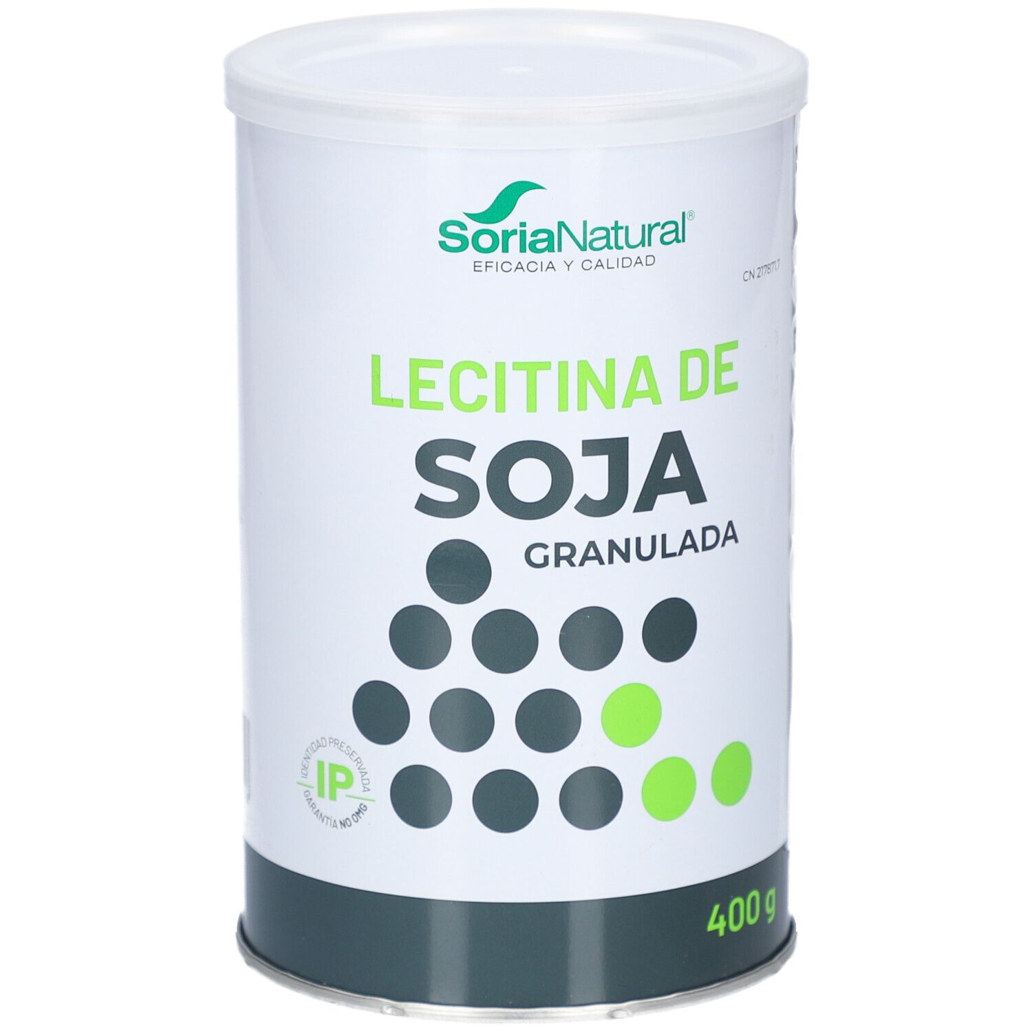 Wit, cilindrisch blik met deksel. Opschrift: "Lecitina de Soja Granulada". Merk: SoriaNatural. Gewicht: 400 g.
