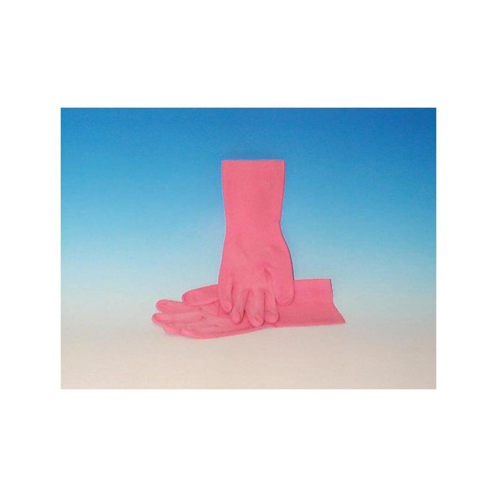 Roze huishoudhandschoenen. Twee handschoenen naast elkaar. Manchetten zichtbaar.