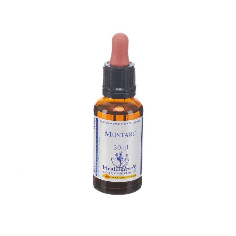 Flacon en verre brun avec compte-gouttes. Étiquette "Mustard" et "30ml". Marque: Healing Herbs.