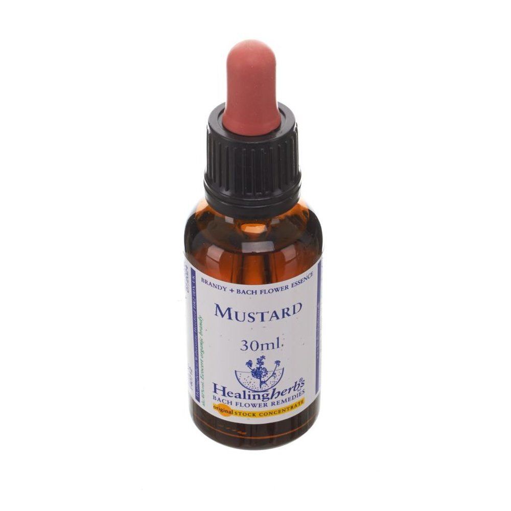Flacon en verre brun avec compte-gouttes. Étiquette "Mustard" et "30ml". Marque: Healing Herbs.
