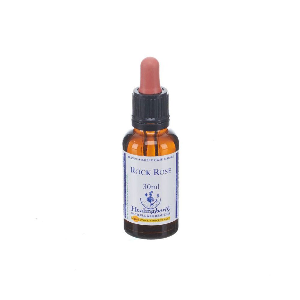 Flacon en verre brun avec bouchon compte-gouttes, étiquette avec 'Rock Rose 30ml' et 'Healing Herbs'.