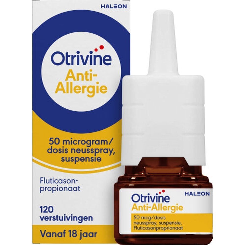 Neussprayfles en doos. Opschrift: Otrivine Anti-Allergie. 50 microgram/dosis.