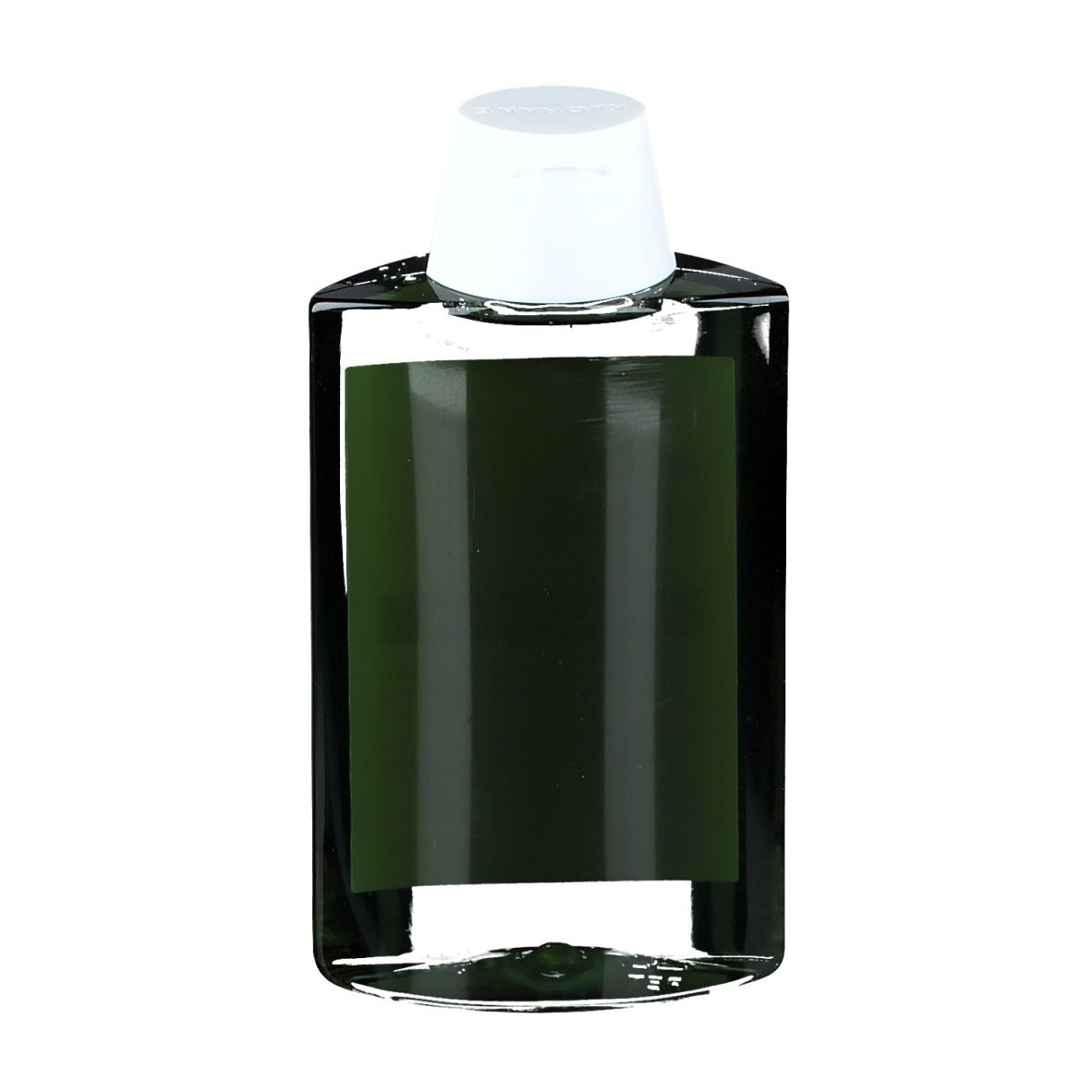 Flacon de shampooing Klorane, étiquette verte, bouchon blanc.