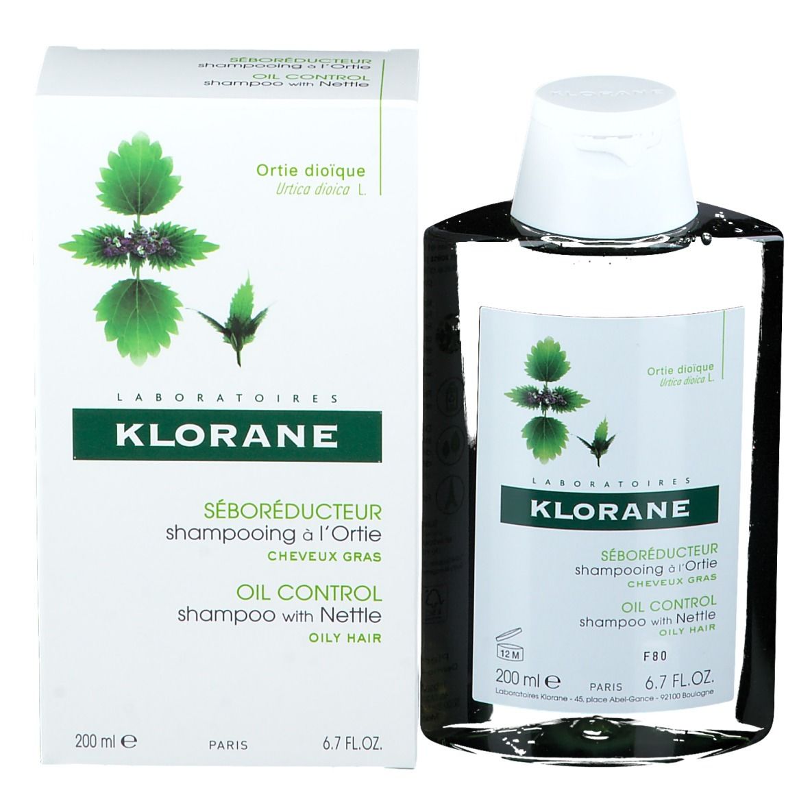 Shampooing Klorane à l'ortie et emballage. Flacon et boîte avec informations et logo.
