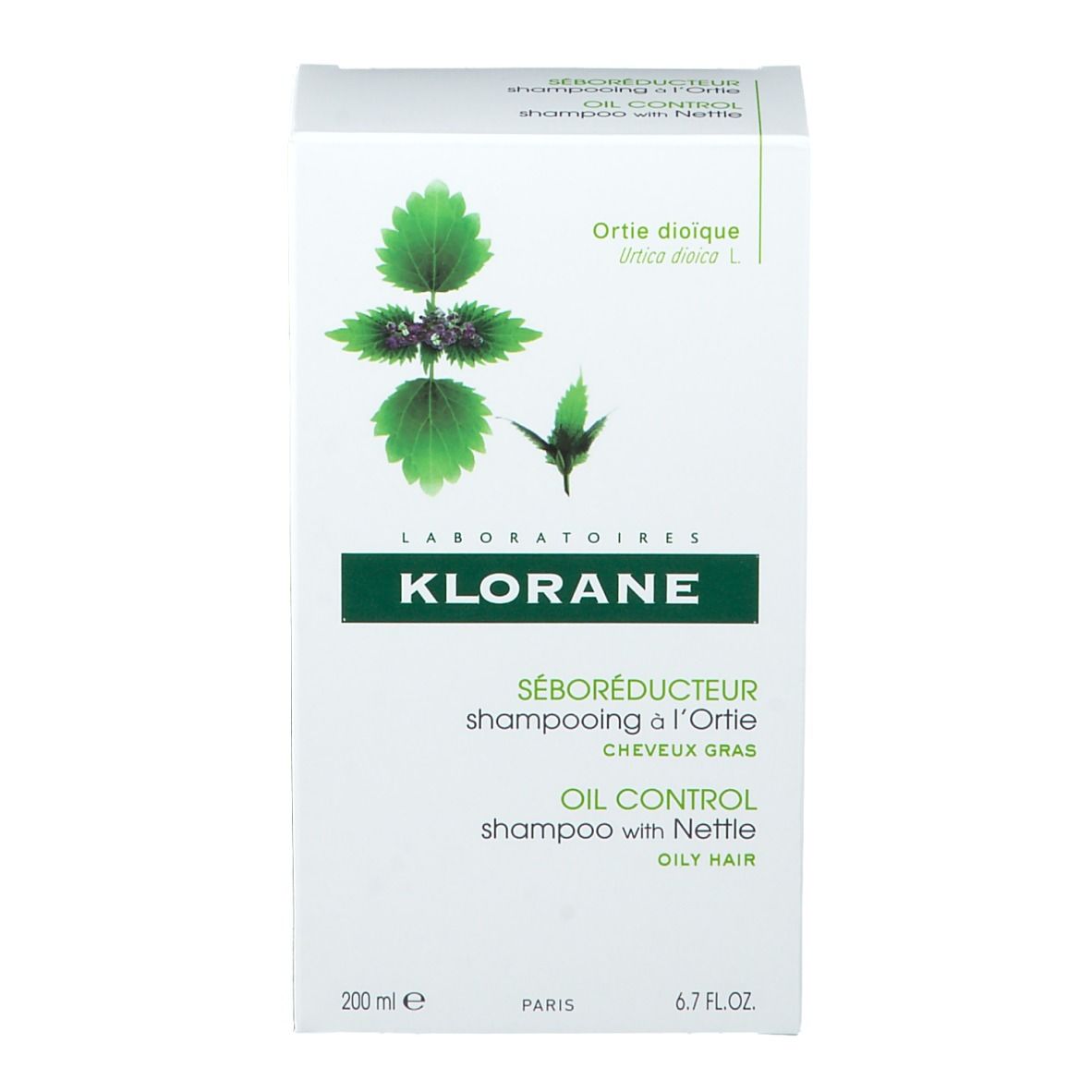 Emballage carton pour shampooing Klorane à l'ortie. Informations, logo et illustrations.