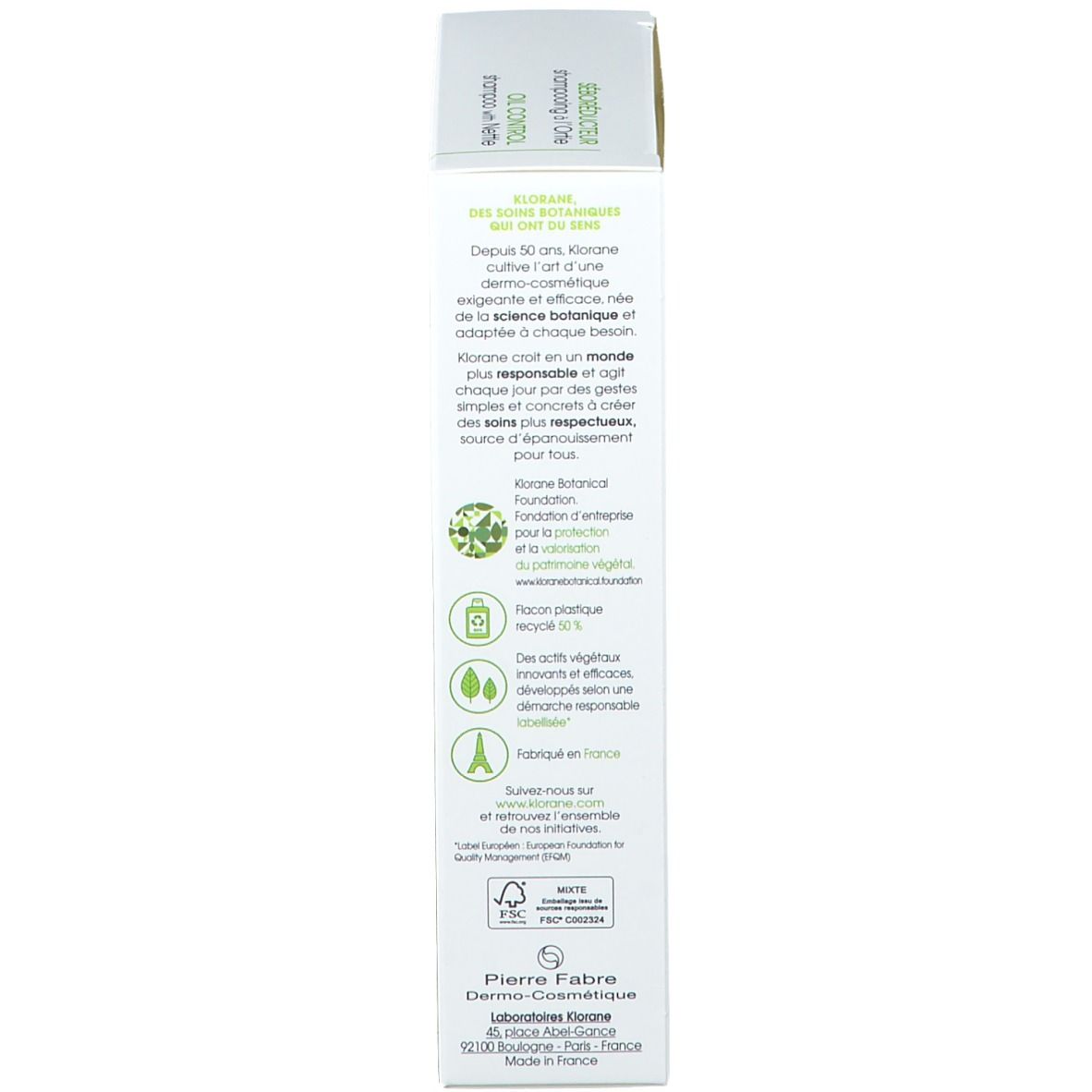 Dos de l'emballage du shampooing Klorane. Texte, logos et informations sur le produit et la marque.