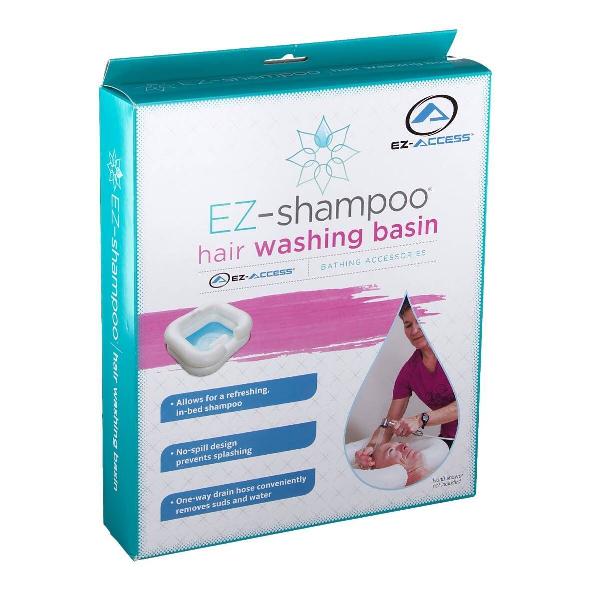 Emballage avec image du produit. Inscription: EZ-shampoo hair washing basin. Image d'une personne se faisant laver les cheveux.