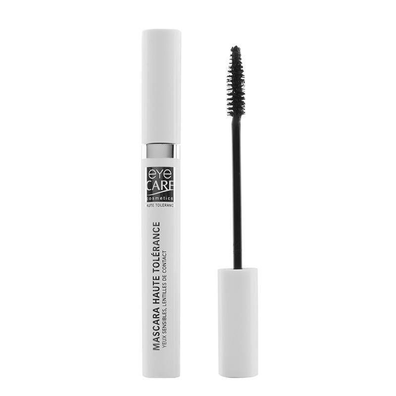 Tube de mascara blanc avec brosse noire. Inscription: EYE CARE HAUTE TOLÉRANCE. Pour yeux sensibles et porteurs de lentilles.