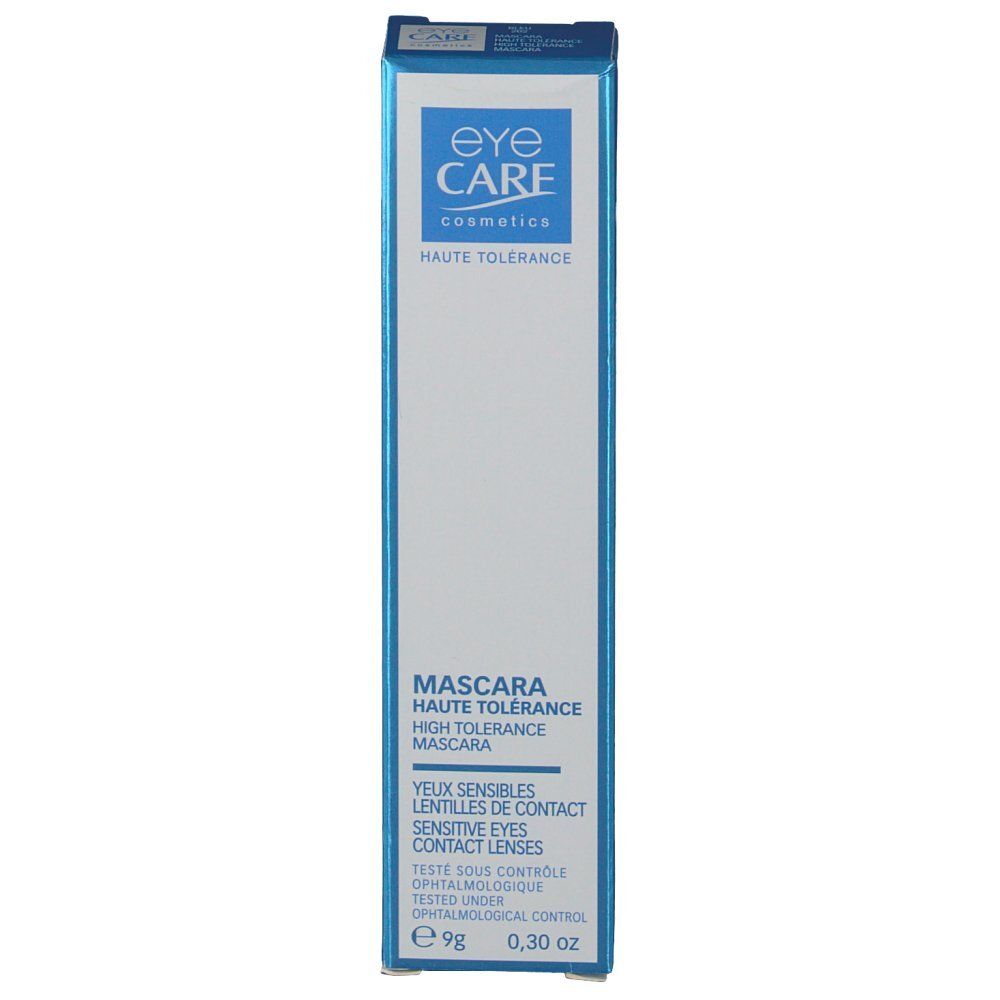 Blauwe mascara verpakking. Tekst: Eye Care Cosmetics, Haute Tolérance, Mascara, gevoelige ogen, lenzen. 9g.