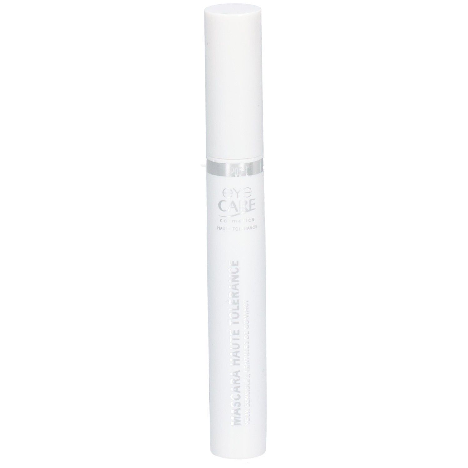 Tube de mascara blanc avec bague argentée. Texte: Mascara Haute Tolérance, yeux sensibles.