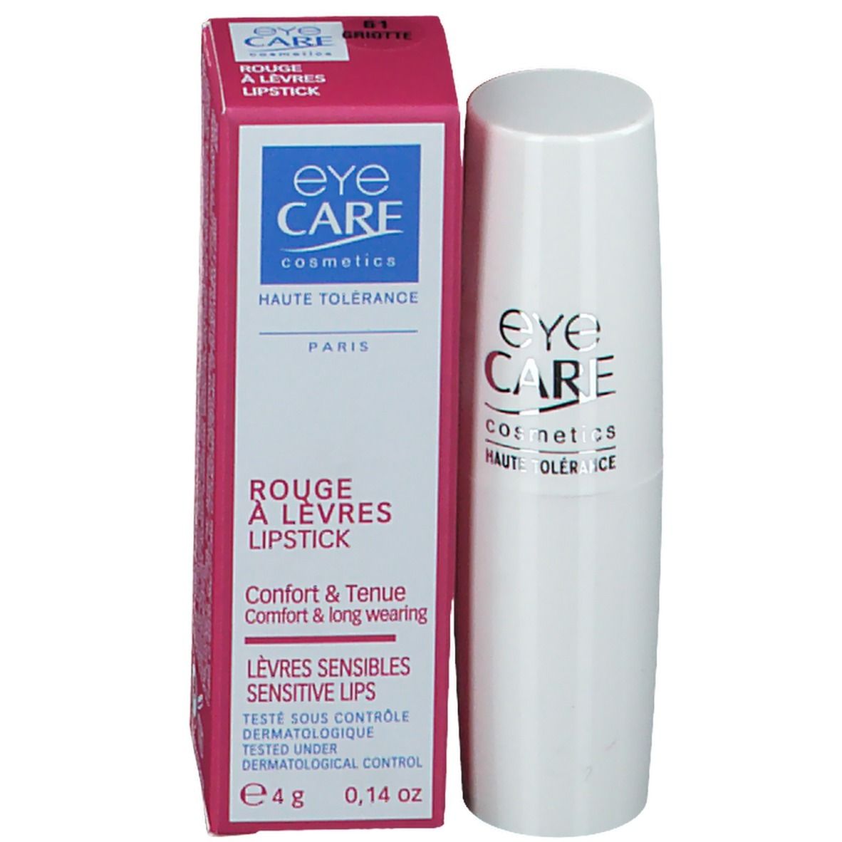 Witte lippenstift en verpakking. Opschrift: eyeCARE cosmetics, ROUGE À LÈVRES LIPSTICK.