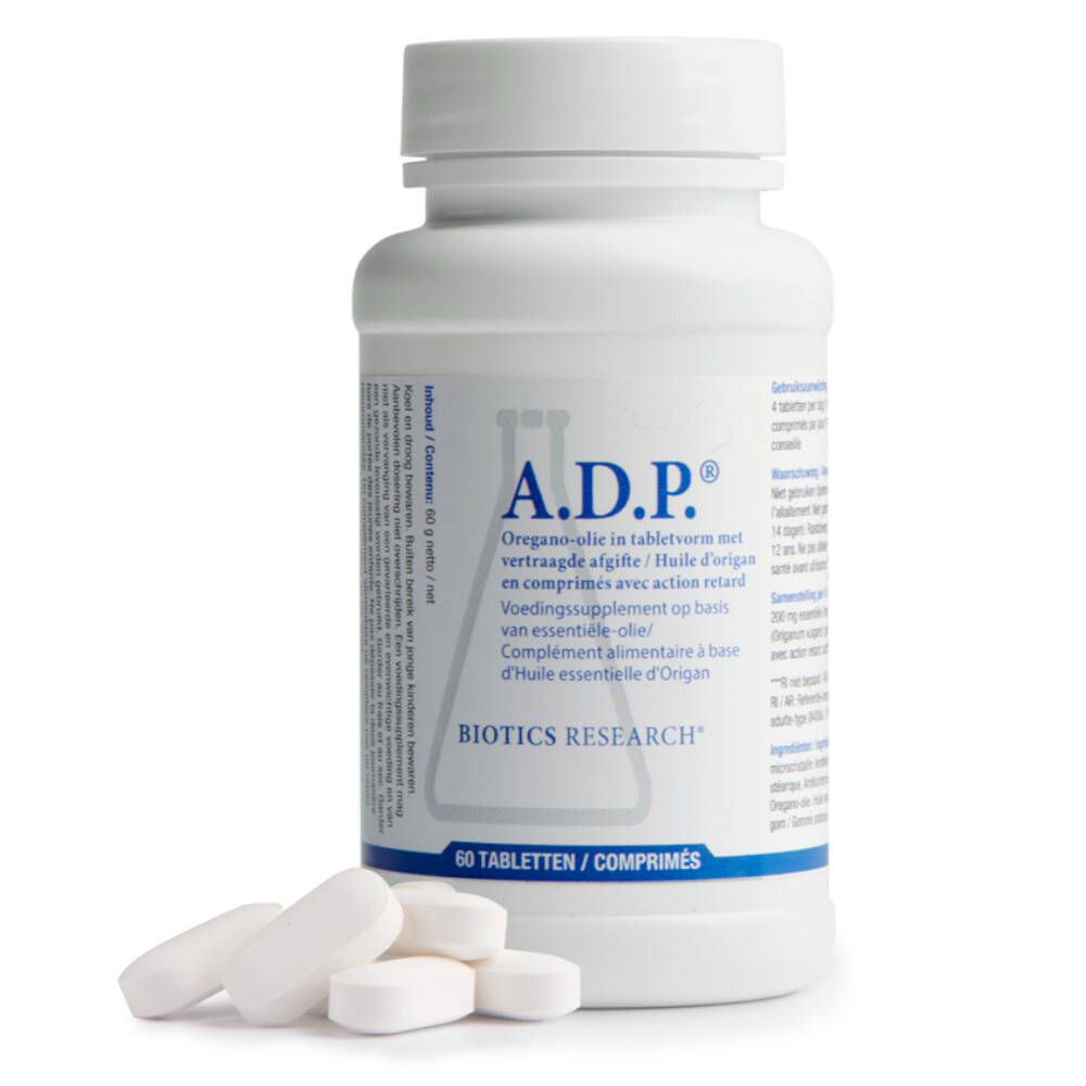 Bouteille blanche avec bouchon blanc, scellée pour votre protection. Étiquette indique ADP, Huile d'origan, Biotics Research, 60 comprimés.