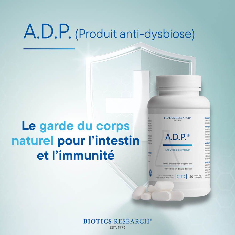 Arrière d'une bouteille blanche avec code-barres et informations produit. Contient 60 comprimés.