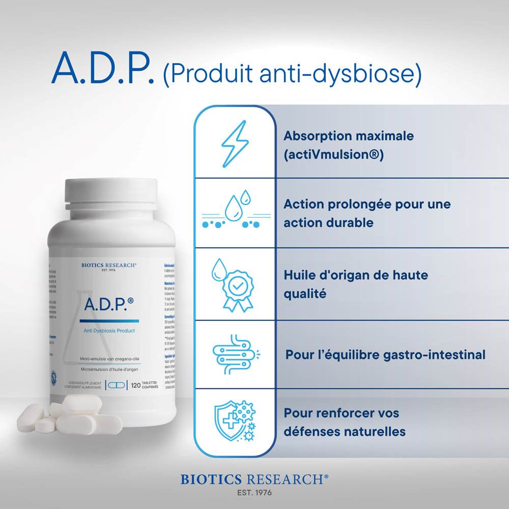 Bouteille blanche avec bouchon blanc, scellée pour votre protection. Étiquette indique ADP, Huile d'origan, Biotics Research, 60 comprimés.