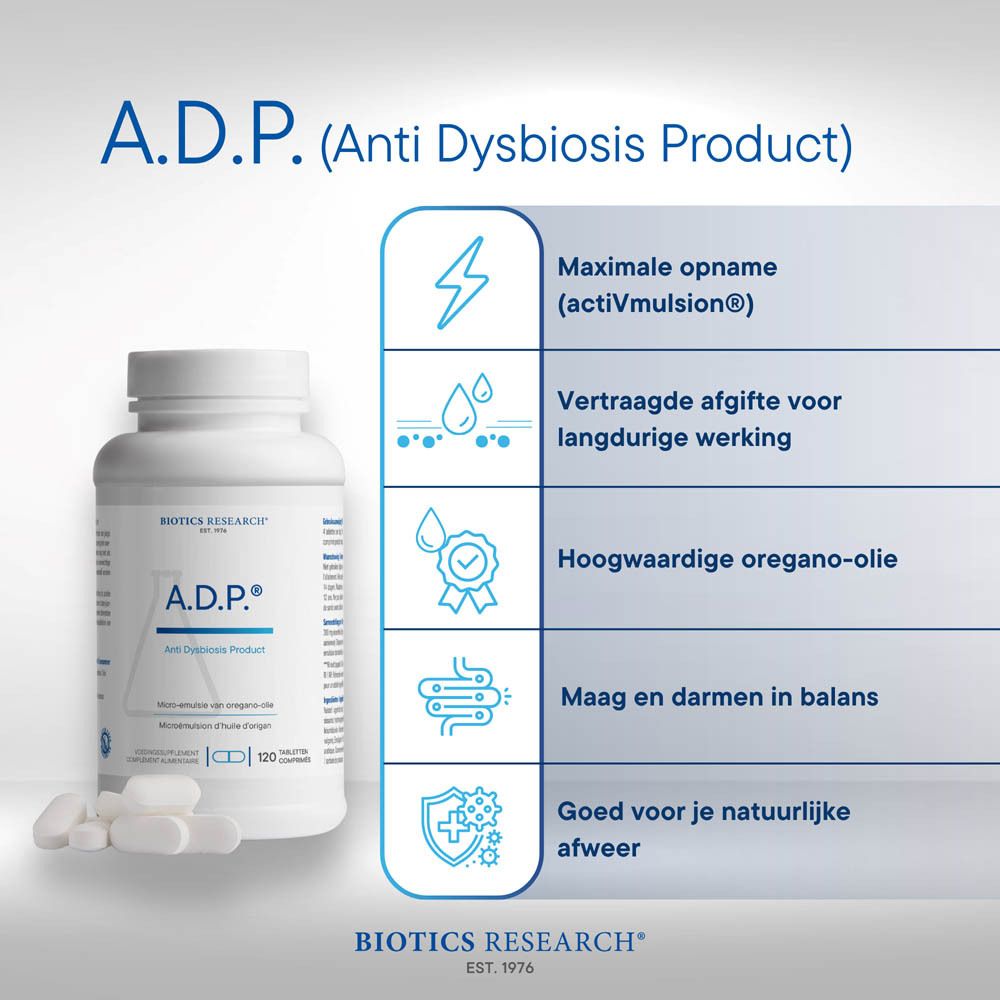 Witte fles met witte dop, verzegeld voor uw bescherming. Etiket toont ADP, Oregano-olie, Biotics Research, 60 tabletten.