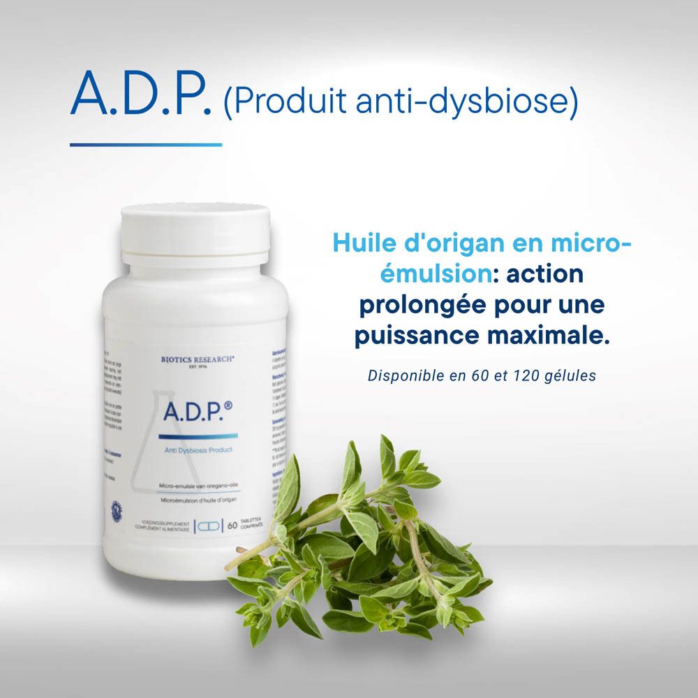 Bouteille blanche avec bouchon blanc, scellée pour votre protection. Étiquette indique ADP, Huile d'origan, Biotics Research, 60 comprimés.