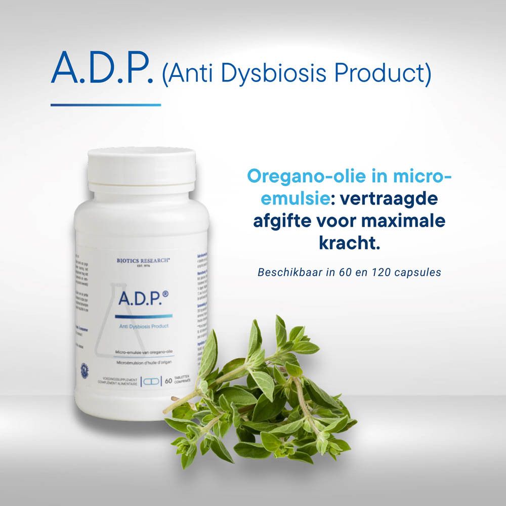 Witte fles met witte dop, verzegeld voor uw bescherming. Etiket toont ADP, Oregano-olie, Biotics Research, 60 tabletten.