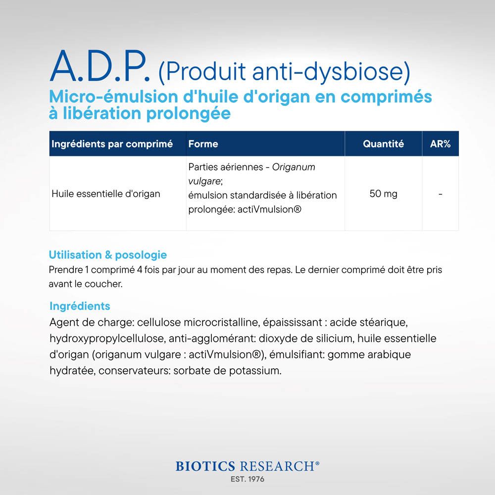 Arrière d'une bouteille blanche avec informations produit et avertissements. Contient 60 comprimés.