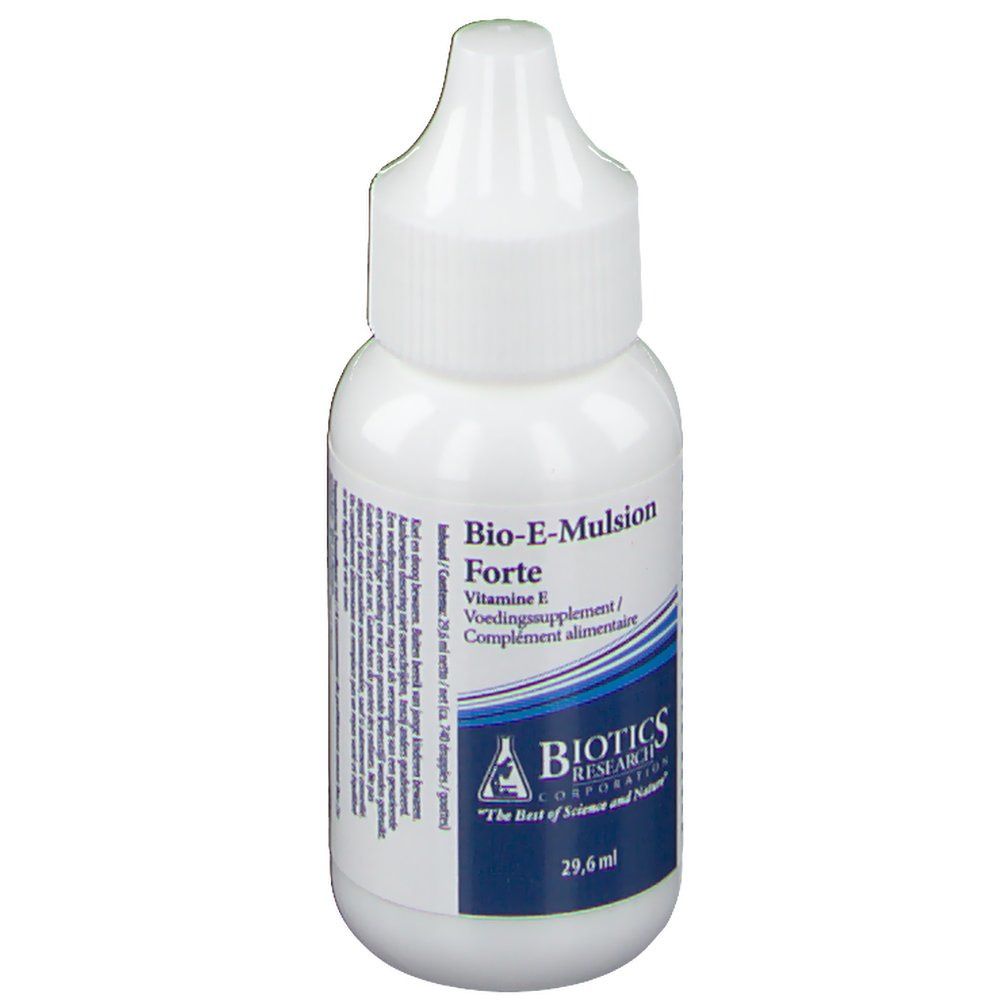 Flacon blanc avec bouchon compte-gouttes. Inscription: Bio-E-Mulsion Forte, vitamine E, complément alimentaire. Étiquette bleue avec logo et texte.