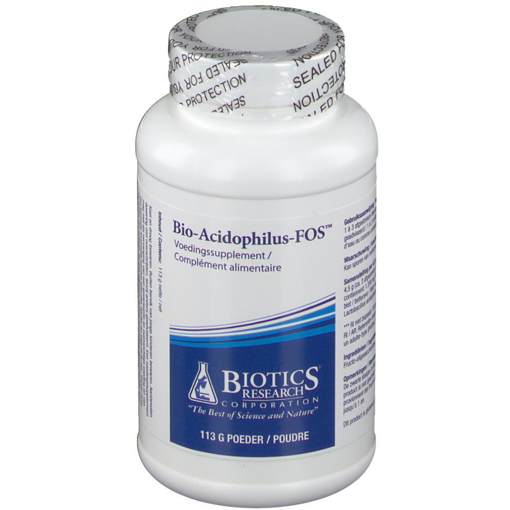 Witte fles met label "Bio-Acidophilus-FOS". Blauw logo Biotics Research Corporation. 113 g poeder.
