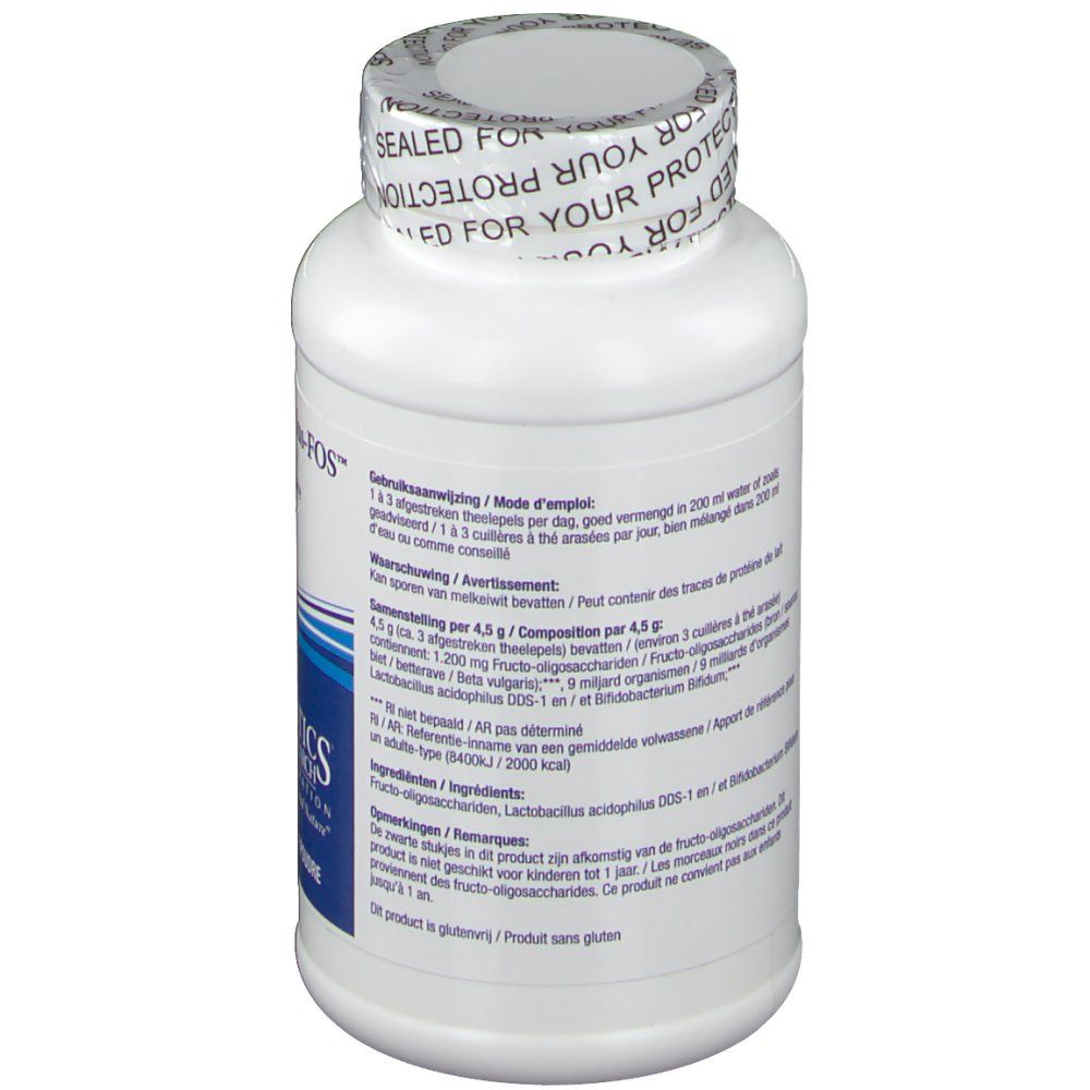 Achterkant van de witte fles. Tekst met ingrediënten en gebruiksaanwijzing. Zegel "SEALED FOR YOUR PROTECTION".