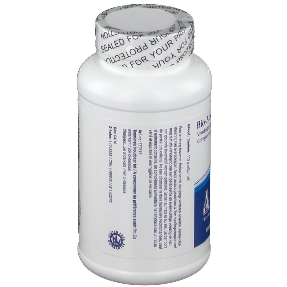 Achterkant van de witte fles. Tekst met ingrediënten en gebruiksaanwijzing. Zegel "SEALED FOR YOUR PROTECTION".