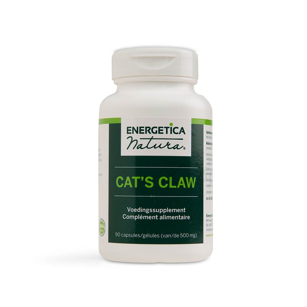 Flacon blanc avec étiquette verte. Inscription: Energetica Natura, Cat's Claw, 90 gélules. Bouchon en haut.
